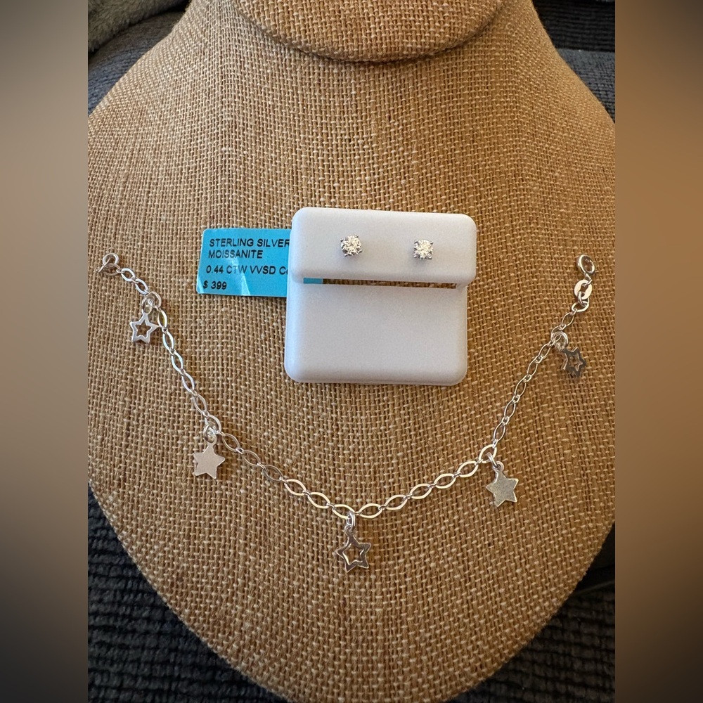 Solid Sterling Silver Italian Star Bracelet and .44 Carat Moissanite Earrings